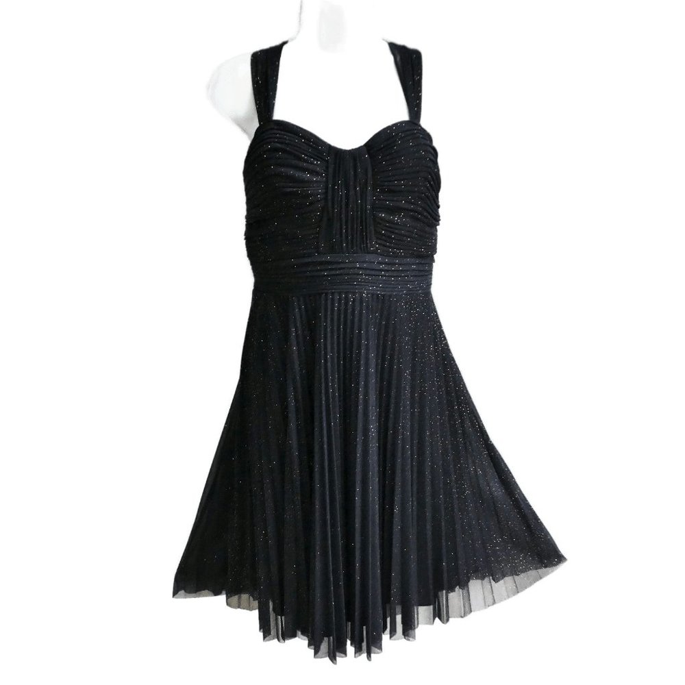 Cache Cocktail Glitter Dress Cutout Back Ruched Pleats Chiffon Midnight Blue 12